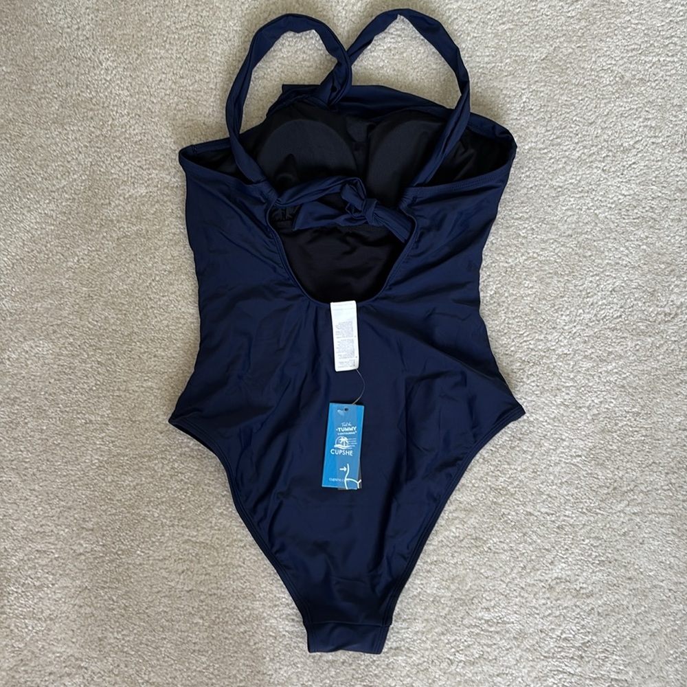 NWT CupShe Asymmetrical Tummy Control Navy Blue One-Piece Swimsuit size Medium - Picture 6 of 10